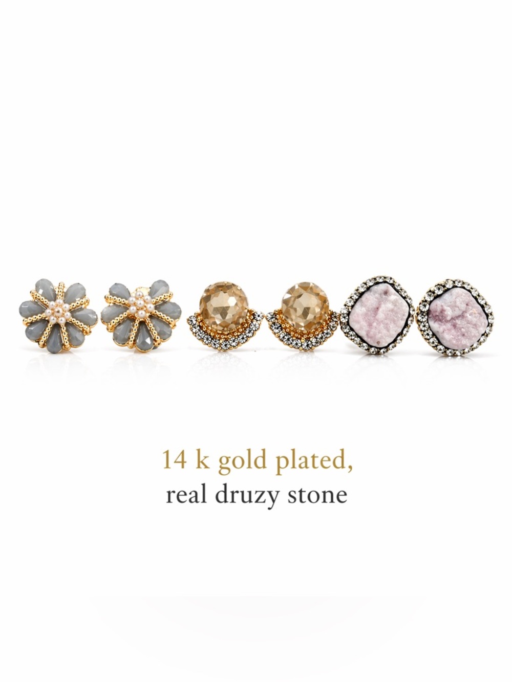 14K Gold Plated Druzy & Crystal Stud Earring Set - Pink, Gray, Champagne